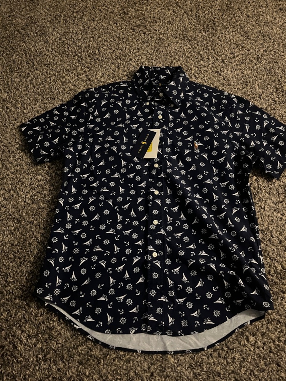Ralph Lauren Navy Short-Sleeve Button-Down with White Nautical Print